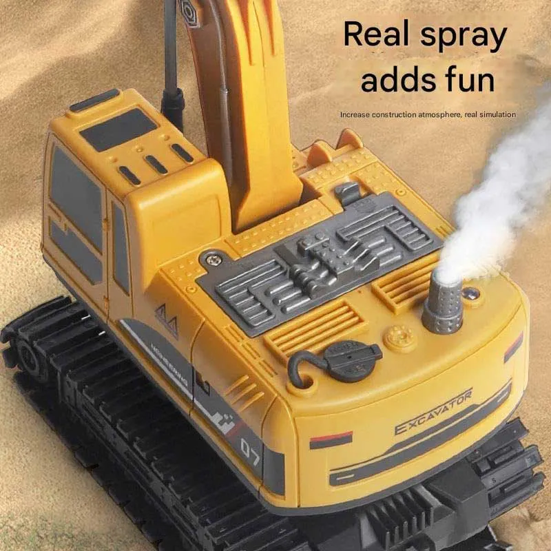 Children's construction excavator with attachments, lights, sounds, smoke effects, and 360° rotation, remote controlled.