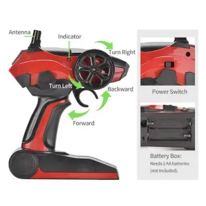 Radio-controlled off-road car 1:10, with remote control and large tires, red