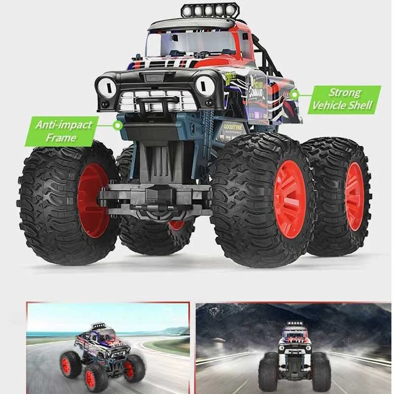 Radio-controlled off-road car 1:10, with remote control and large tires, red