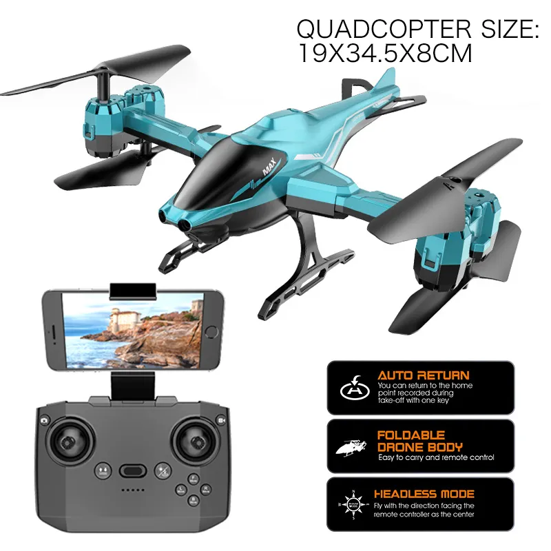 Сгъваем дрон с камера, сензори за препятствия и режим без глава, син