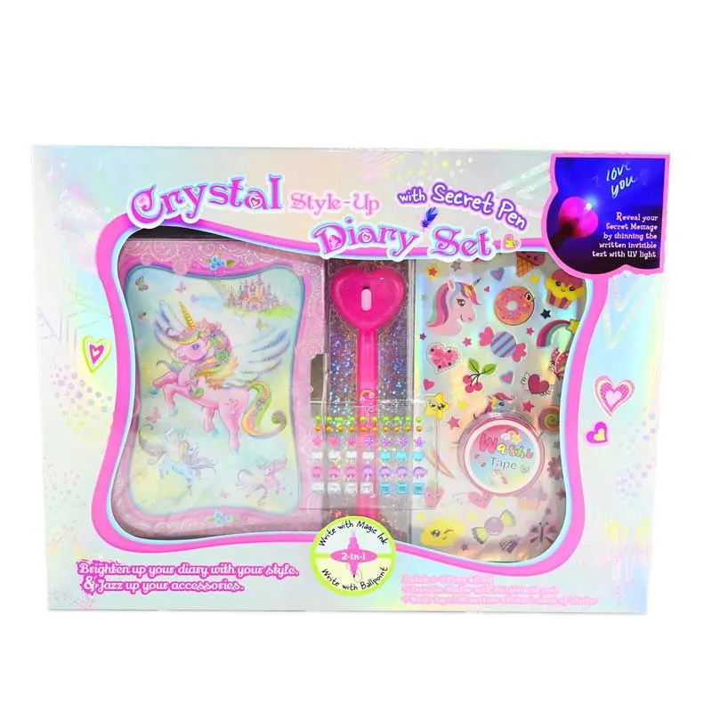 Diary set with keys, UV pen with secret ink, stickers, stones, and cleaning tape.