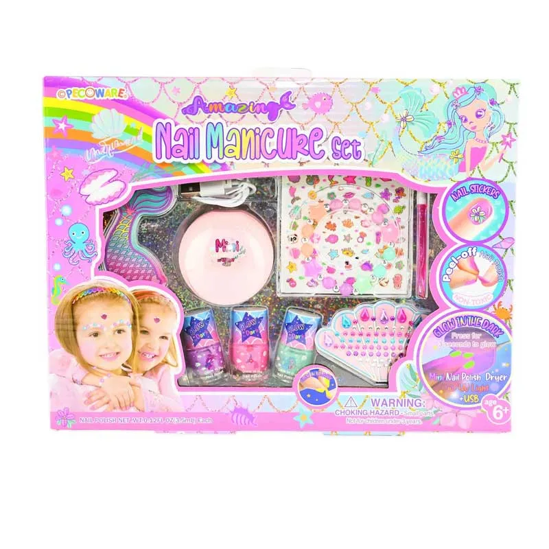 Set of glow-in-the-dark nail polishes, UV lamp, and accessories for fun children's manicure