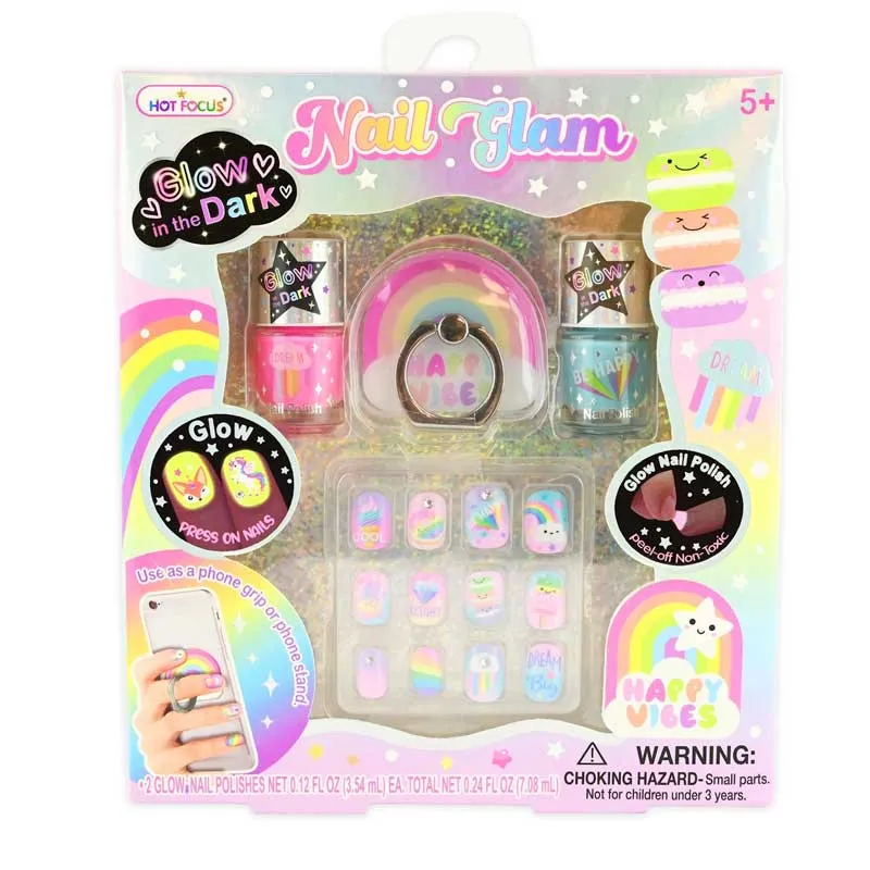 Set with two glowing nail polishes, colorful adhesive nails, and a phone holder with multiple functions
