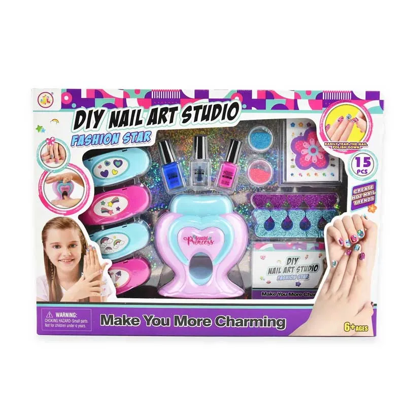 Set with nail polishes, glitter, applicators, and tools for nail decoration