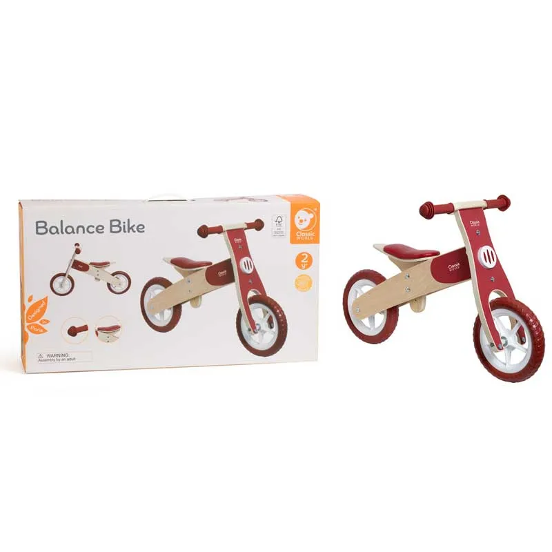 Wooden balance bike Classic World in burgundy color, for ages 2 and up.