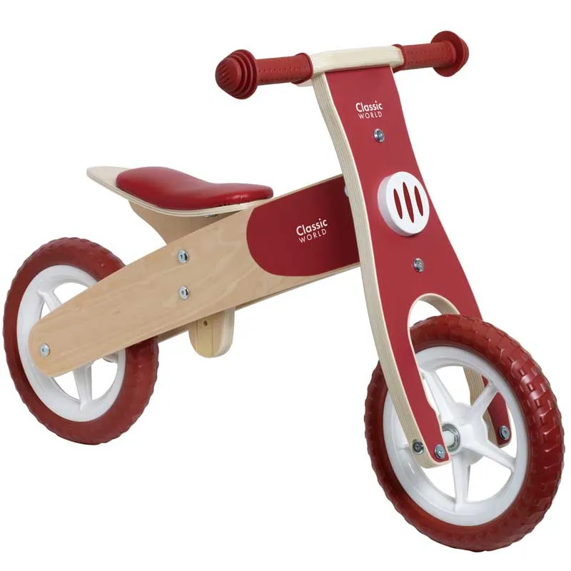 Wooden balance bike Classic World in burgundy color, for ages 2 and up.