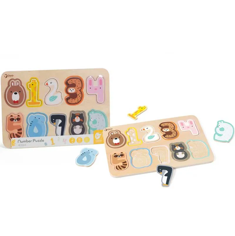 Wooden puzzle Classic World with numbers and animals for early learning, 11 pieces