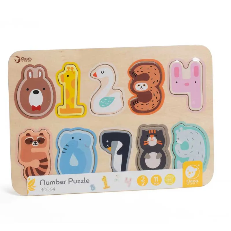 Wooden puzzle Classic World with numbers and animals for early learning, 11 pieces