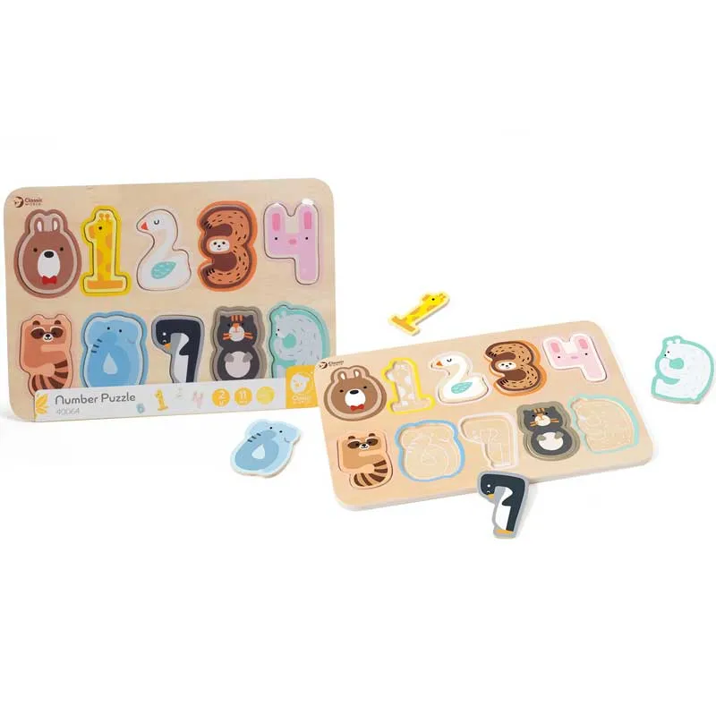 Wooden puzzle Classic World with numbers and animals for early learning, 11 pieces