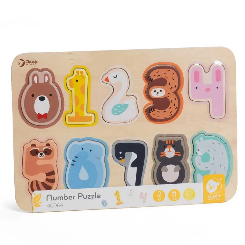 Wooden puzzle Classic World with numbers and animals for early learning, 11 pieces