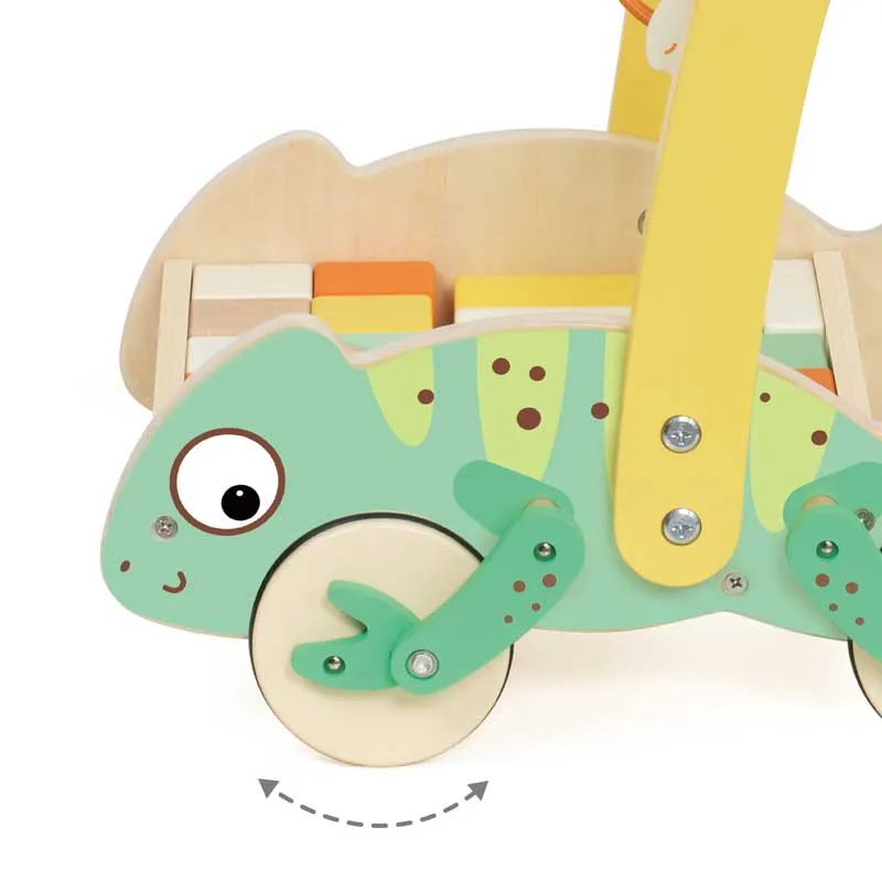 Дървен уокър Classic World Хамелеон с дървени блокчета за бебета