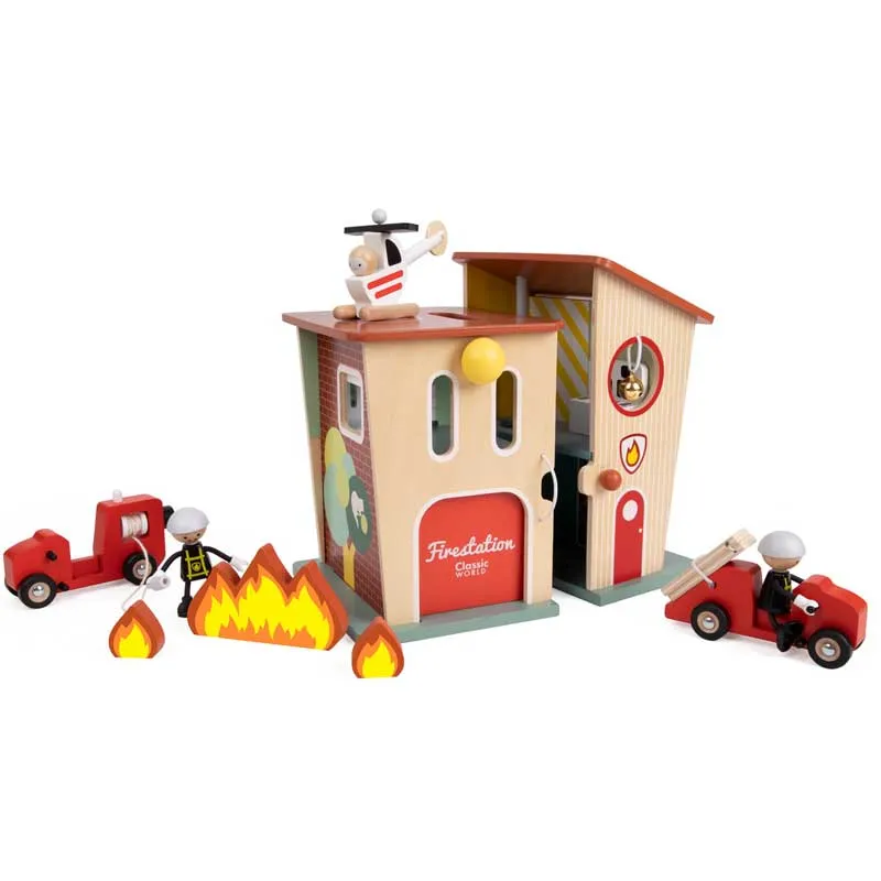Wooden fire station Classic World with 13 pieces for children over 3 years old