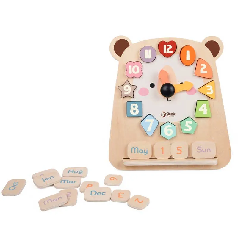 Educational wooden bear clock with calendar for children over 2 years old