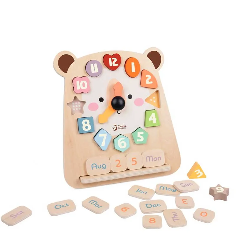 Educational wooden bear clock with calendar for children over 2 years old