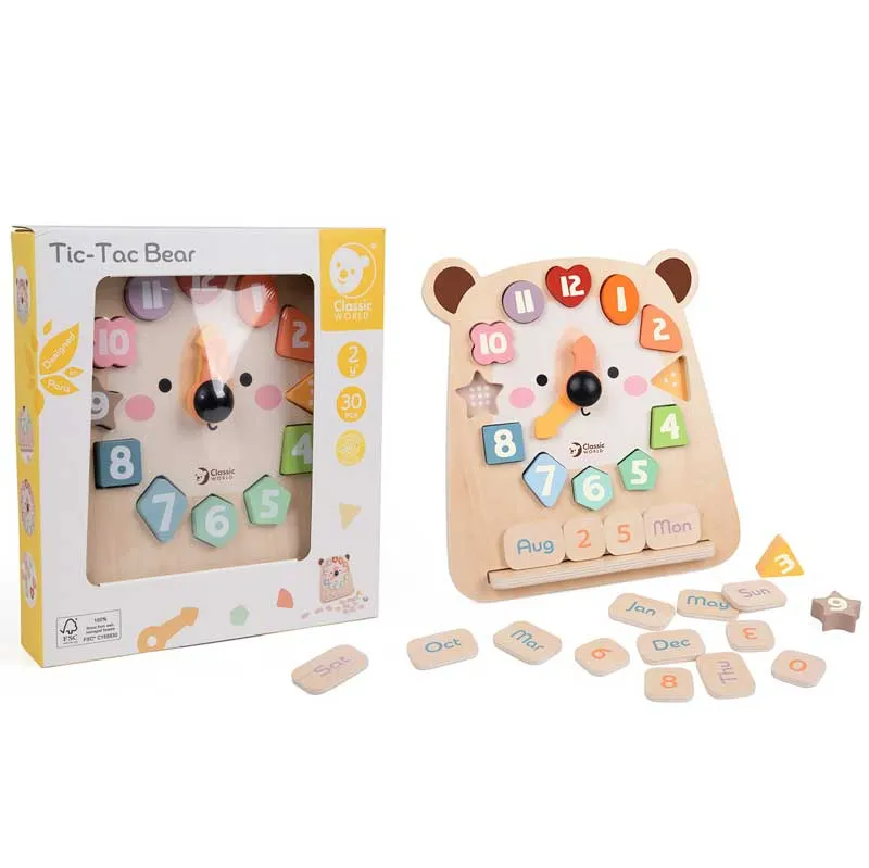 Educational wooden bear clock with calendar for children over 2 years old