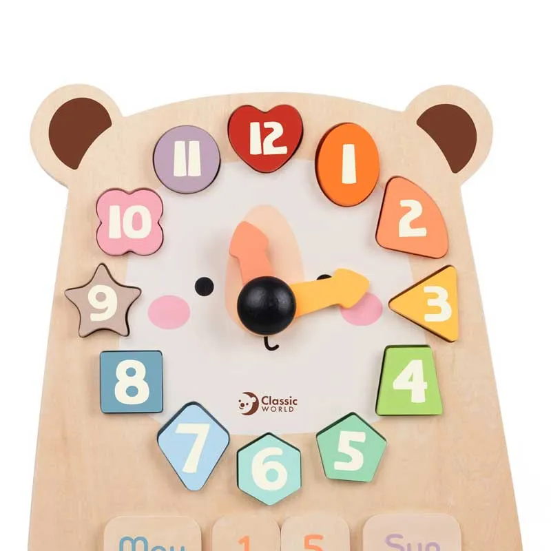 Educational wooden bear clock with calendar for children over 2 years old