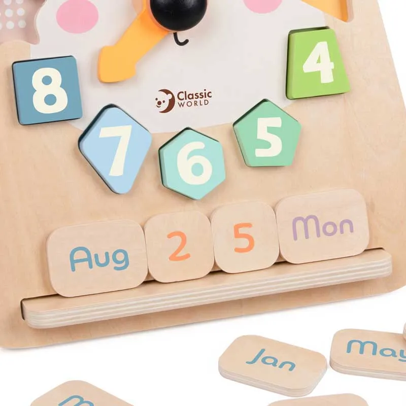 Educational wooden bear clock with calendar for children over 2 years old