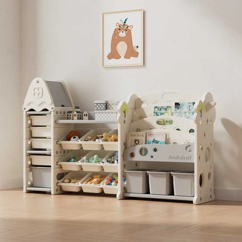 Children's shelf organizer for toys and books with 17 compartments and pull-out boxes, white