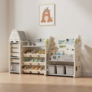 Детска етажерка-органайзер за играчки и книги със 17 отделения и изтеглящи се кутии, бяла