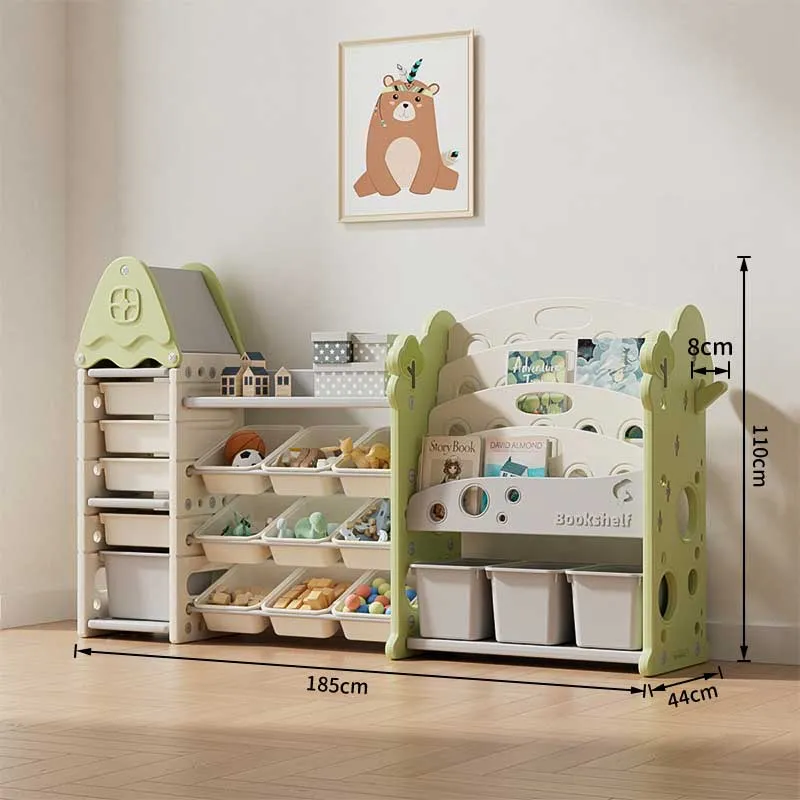 Детска етажерка-органайзер за играчки и книги със 17 отделения и изтеглящи се кутии, зелена