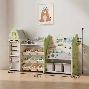 Детска етажерка-органайзер за играчки и книги със 17 отделения и изтеглящи се кутии, зелена