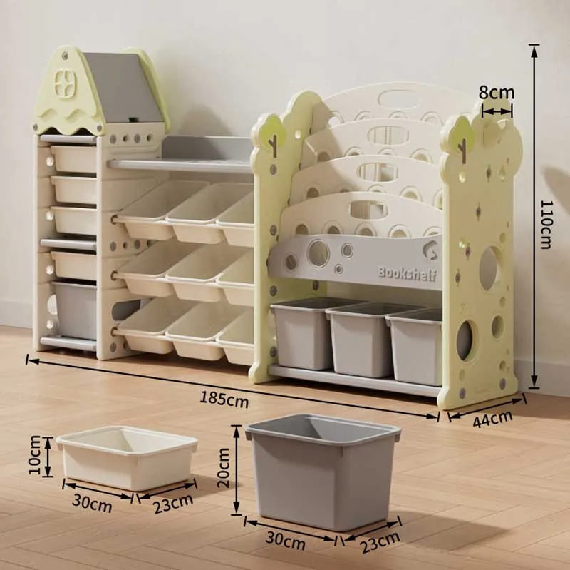 Детска етажерка-органайзер за играчки и книги със 17 отделения и изтеглящи се кутии, зелена