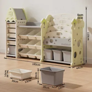 Детска етажерка-органайзер за играчки и книги със 17 отделения и изтеглящи се кутии, зелена