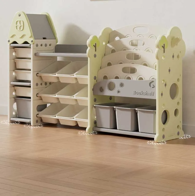 Детска етажерка-органайзер за играчки и книги със 17 отделения и изтеглящи се кутии, зелена