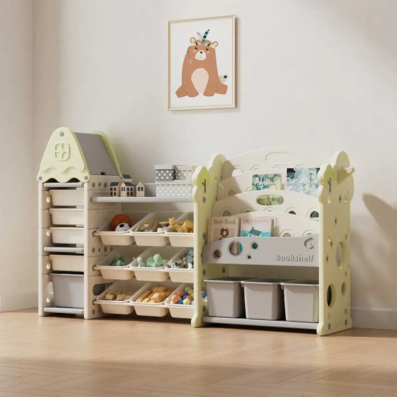 Детска етажерка-органайзер за играчки и книги със 17 отделения и изтеглящи се кутии, зелена
