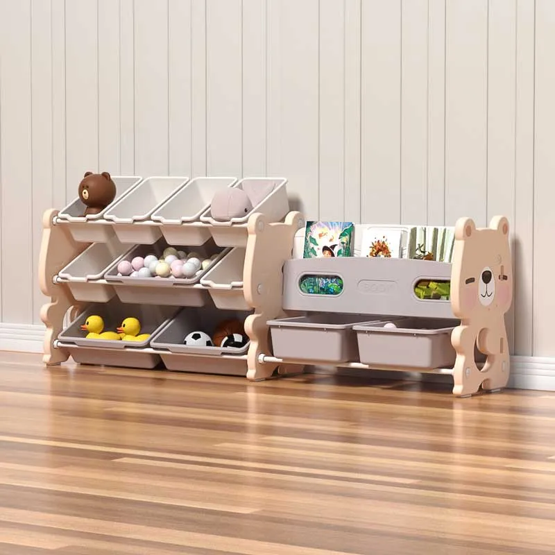 Children's bookshelf Pink Bear - 3 rows with baskets for toy storage and side shelves for books