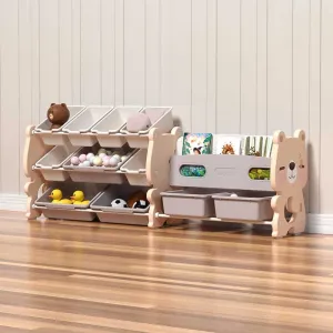 Детска етажерка Розово мече – 3 реда с кошници за съхранение на играчки и странични рафтове за книги