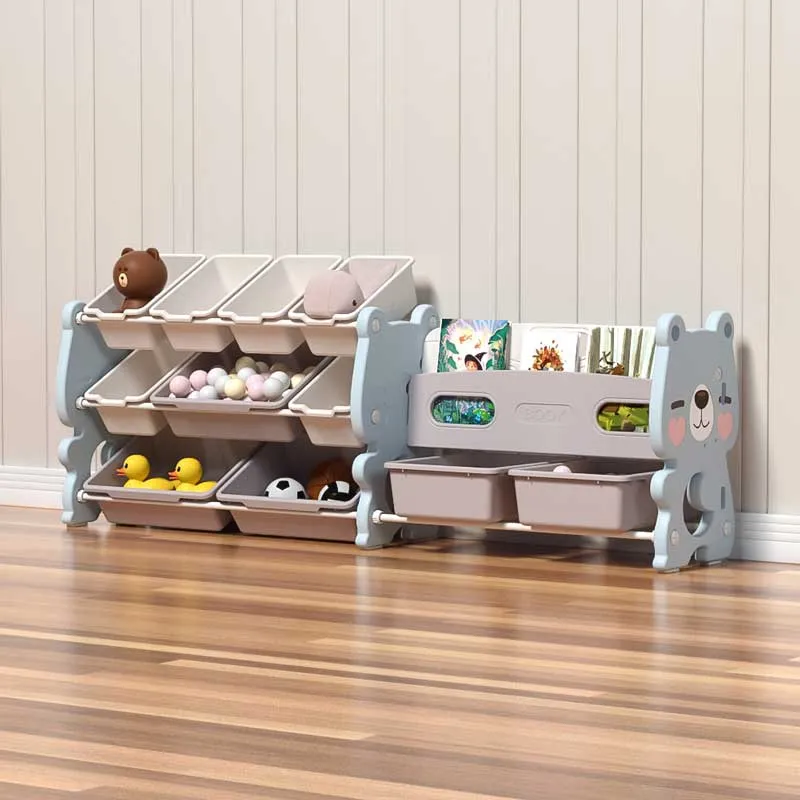 Children's bookshelf Blue Bear - 3 rows with baskets for storing toys and side shelves for books.