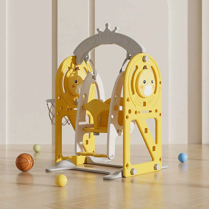 Детска люлка с баскетболен кош и интерактивни елементи за вътрешна употреба, жълта