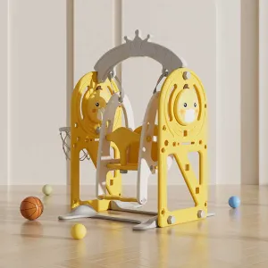 Детска люлка с баскетболен кош и интерактивни елементи за вътрешна употреба, жълта
