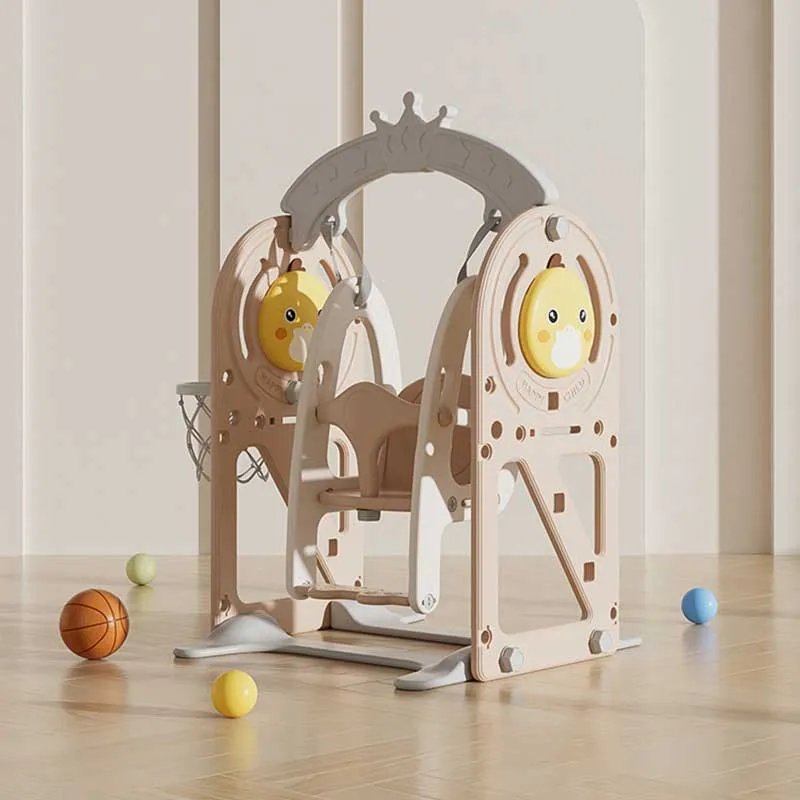 Children's swing with a basketball hoop and interactive elements for indoor use, brown