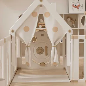 Детска вътрешна площадка с ограда, люлка и активни елементи за игра