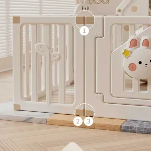 Детска вътрешна площадка с ограда, люлка и активни елементи за игра