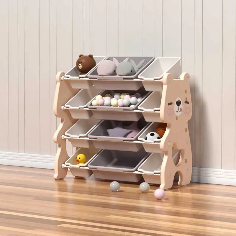 Children's organizer Pink bear for toys with 4 levels and 12 movable boxes