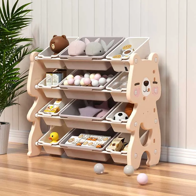 Children's organizer Pink bear for toys with 4 levels and 12 movable boxes