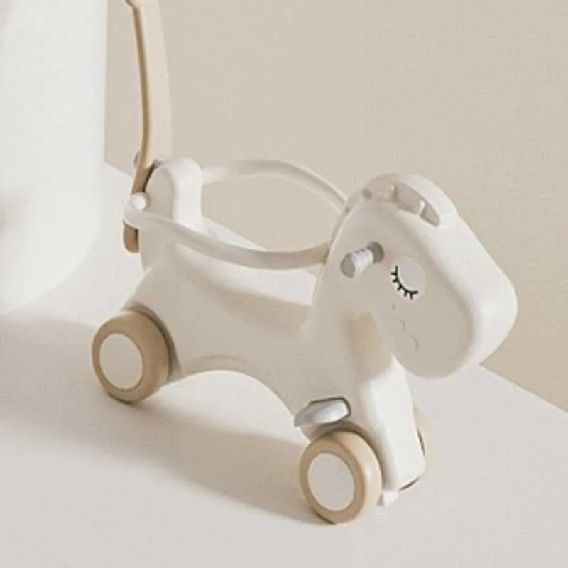 Детска люлка-конче за яздене с дръжка за бутане, кафява