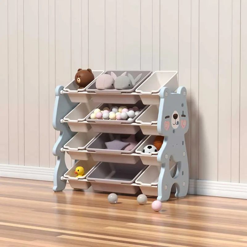 Children's blue bear toy organizer with 4 levels and 12 removable boxes