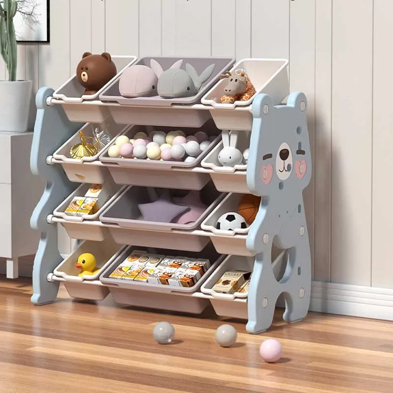 Children's blue bear toy organizer with 4 levels and 12 removable boxes