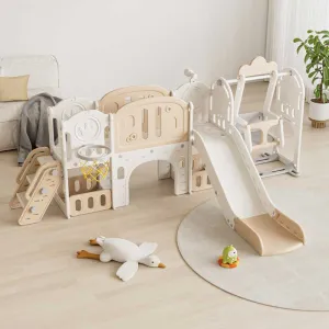 Детски приключенски център за игра 11 в 1 с пързалка, катерушка, люлка и баскет кош - кафяв