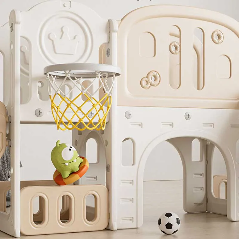 Children's adventure play center 11 in 1 with a slide, climbing wall, swing, and basketball hoop - brown