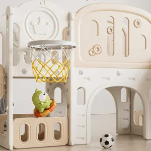 Children's adventure play center 11 in 1 with a slide, climbing wall, swing, and basketball hoop - brown