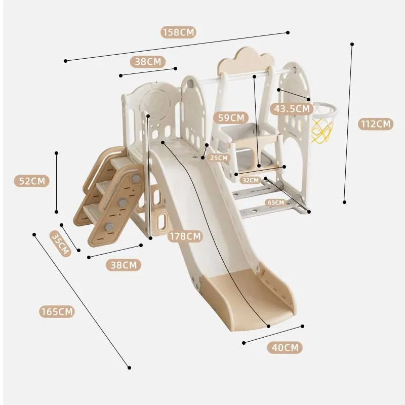 Children's adventure play center 11 in 1 with a slide, climbing wall, swing, and basketball hoop - brown