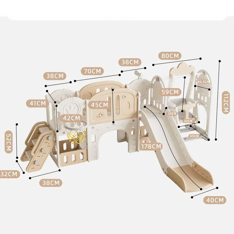 Children's adventure play center 11 in 1 with a slide, climbing wall, swing, and basketball hoop - brown