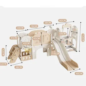 Детски приключенски център за игра 11 в 1 с пързалка, катерушка, люлка и баскет кош - кафяв