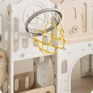 Children's adventure play center 11 in 1 with a slide, climbing wall, swing, and basketball hoop - brown