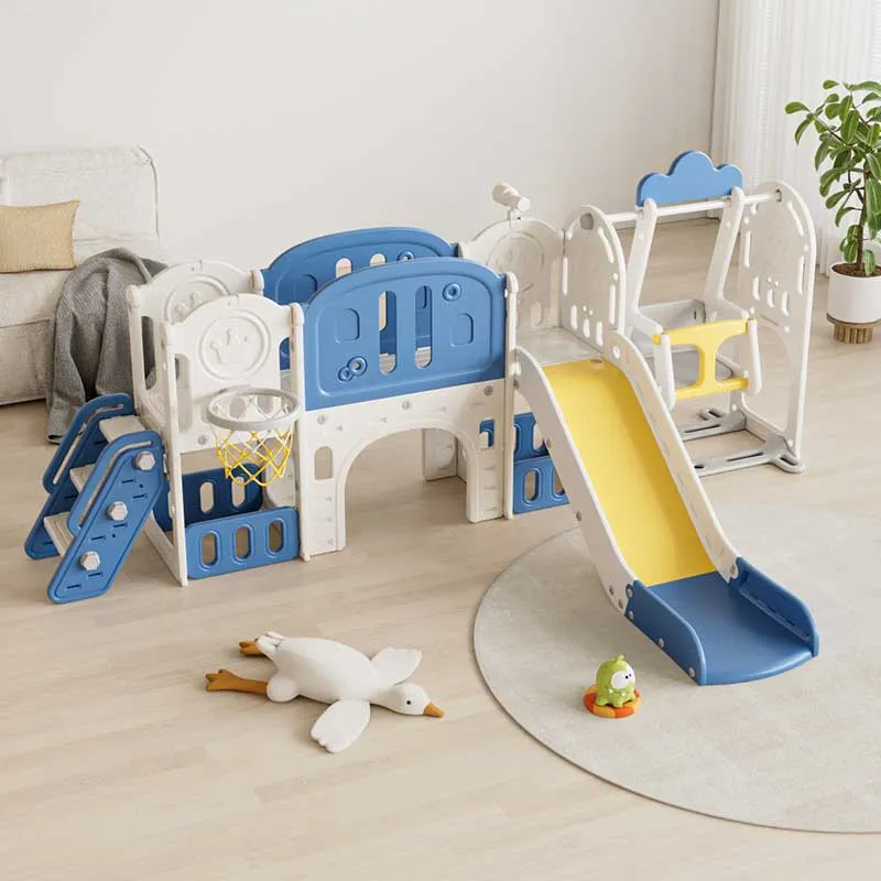 Children's adventure play center 11 in 1 with slide, climbing wall, swing, and basketball hoop - blue